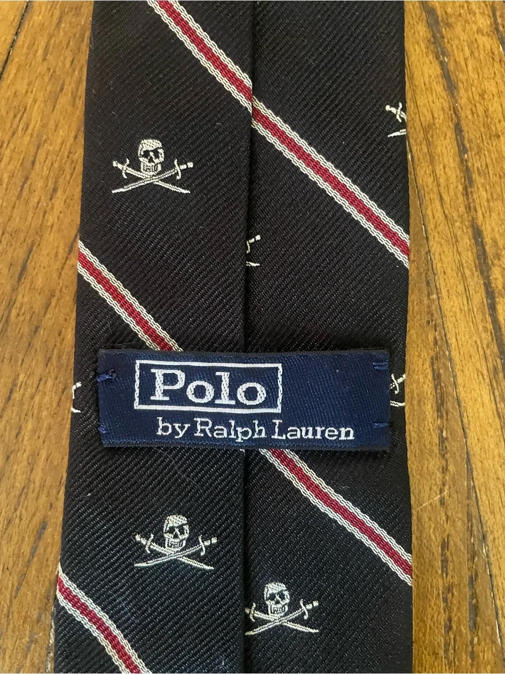 Vintage Polo Ralph Lauren Black Tie with White Skull Motif and Red-Trim Stripes